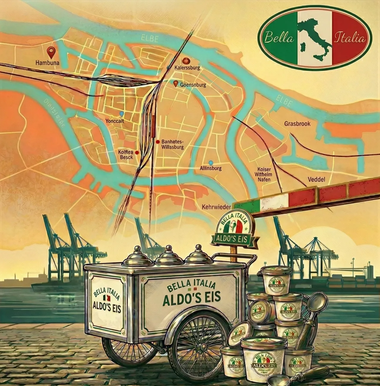 Historische Illustration von Eis Bella Italia zur Eistradition in Hamburg seit 1969