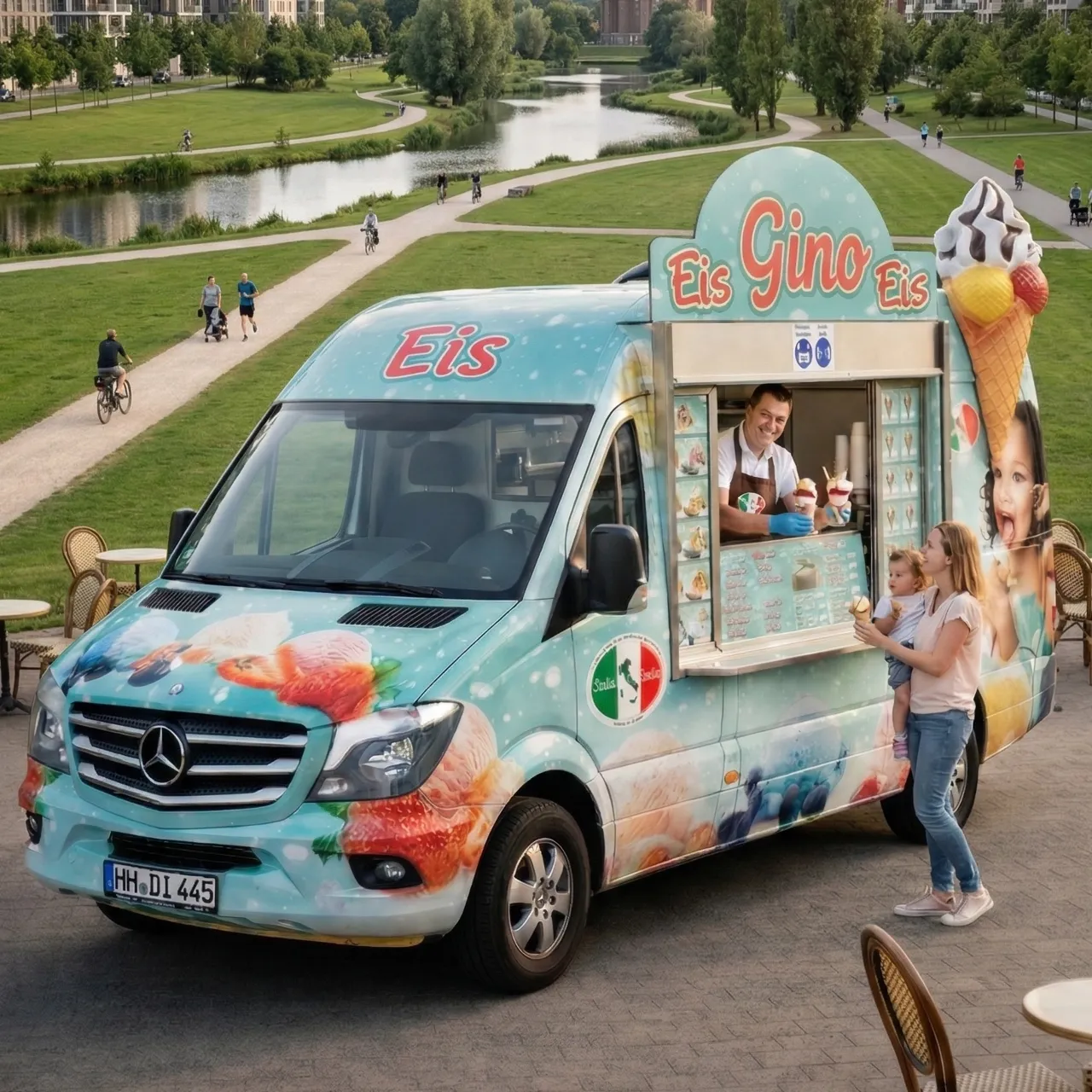 Eiswagen von Eis Bella Italia „Gino“ an einem Grünzug