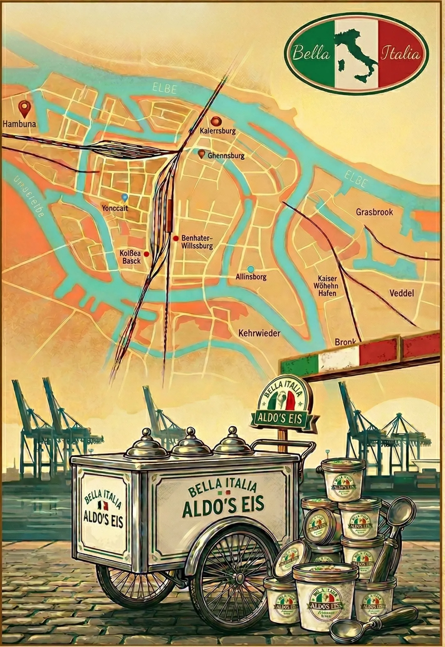Nostalgisches Plakat „Aldo’s Eis“ mit Eiswagen und Hamburger Hafenmotiv