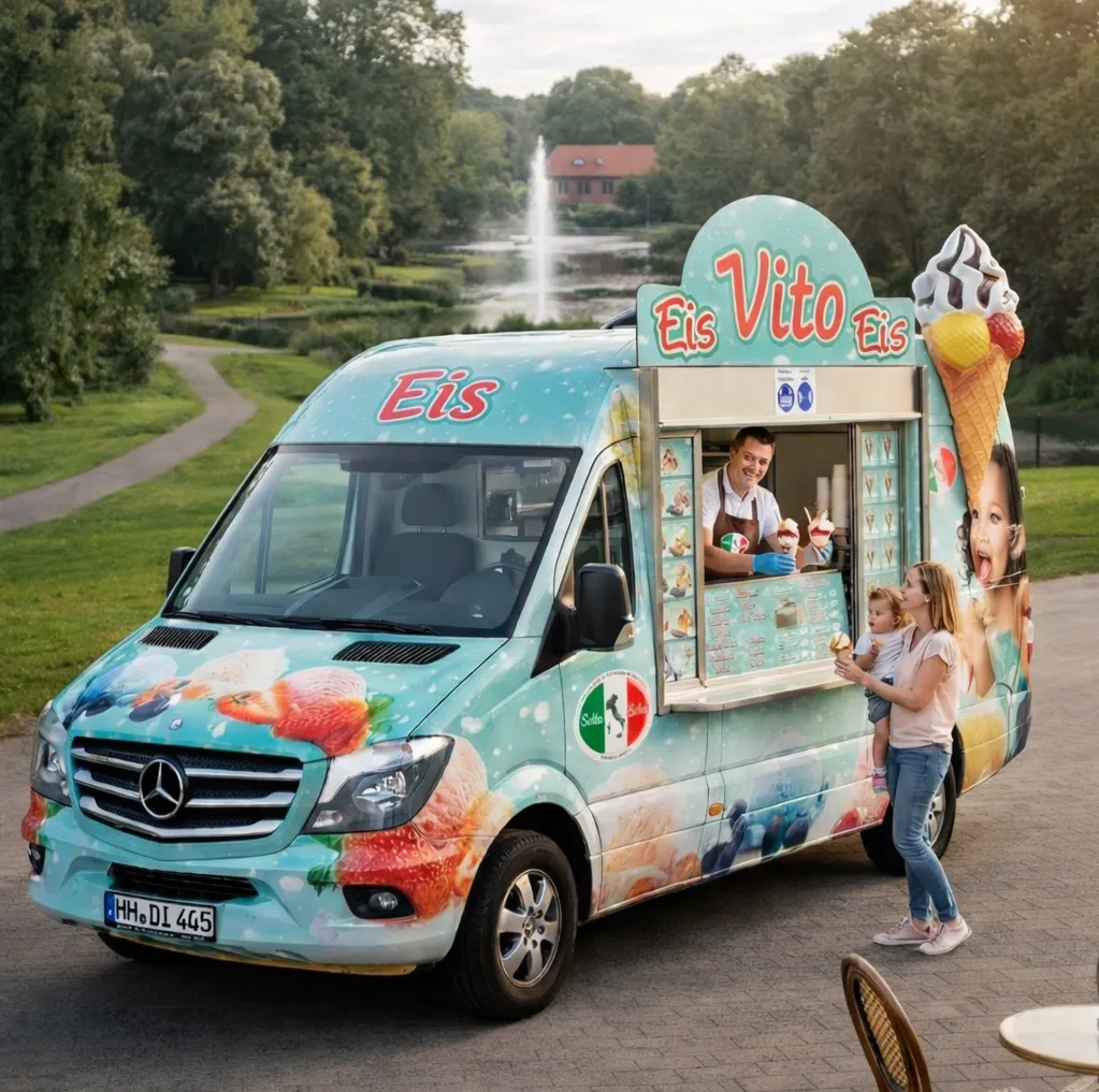 Eiswagen von Eis Bella Italia „Vito“ an einem Park mit Fontäne